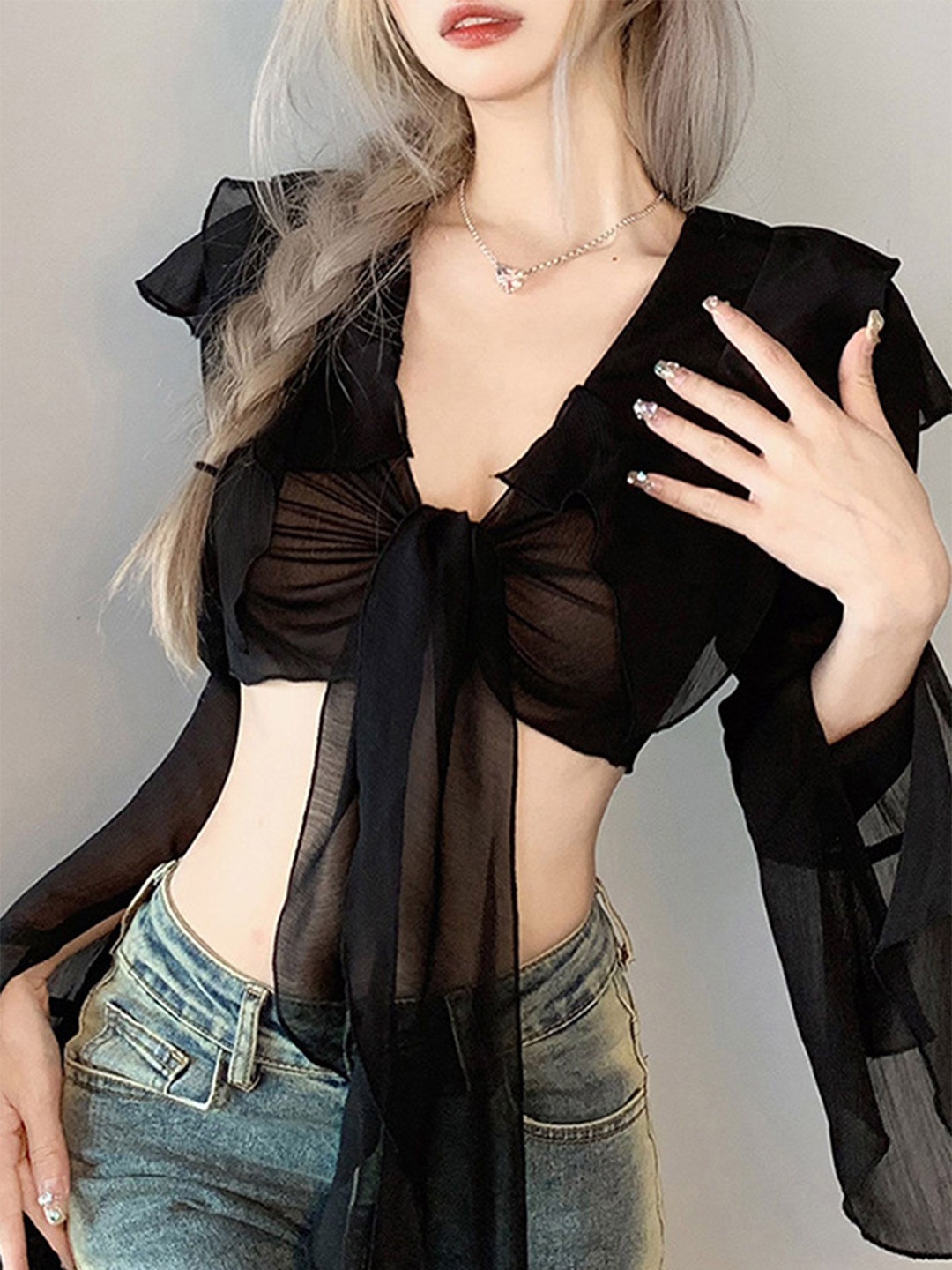 

LULU & SKY Women V-Neck Bell Sleeves Ruffles Solid Crop Top, Black