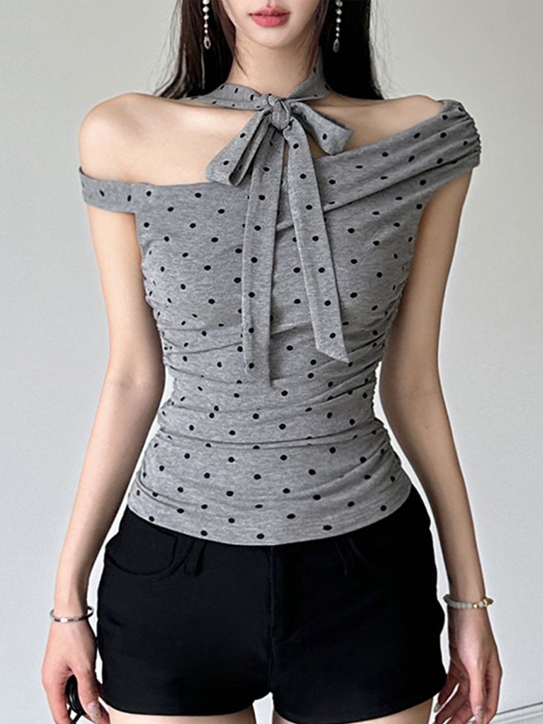 

LULU & SKY Polka Dot Print One Shoulder Top, Grey