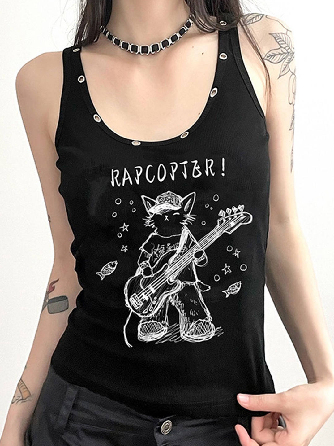 

LULU & SKY Women Shoulder Straps Graphic Printed Cotton Tank Top, Black