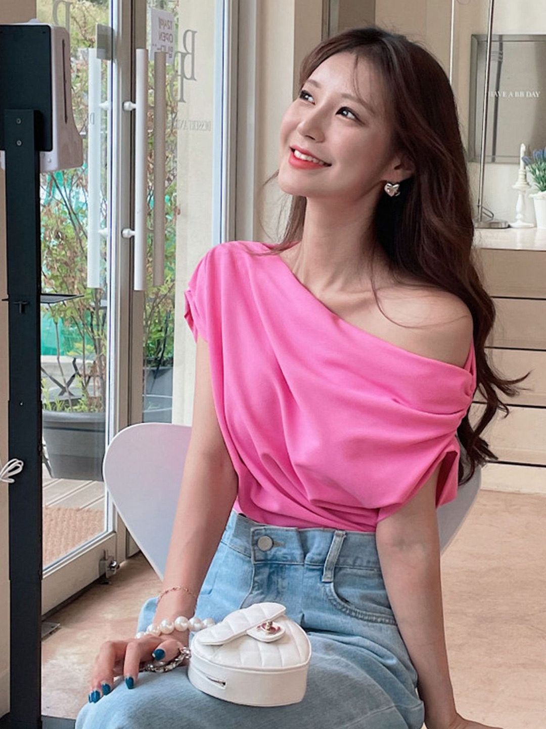 

LULU & SKY Women One Shoulder Extended Sleeves Top, Pink