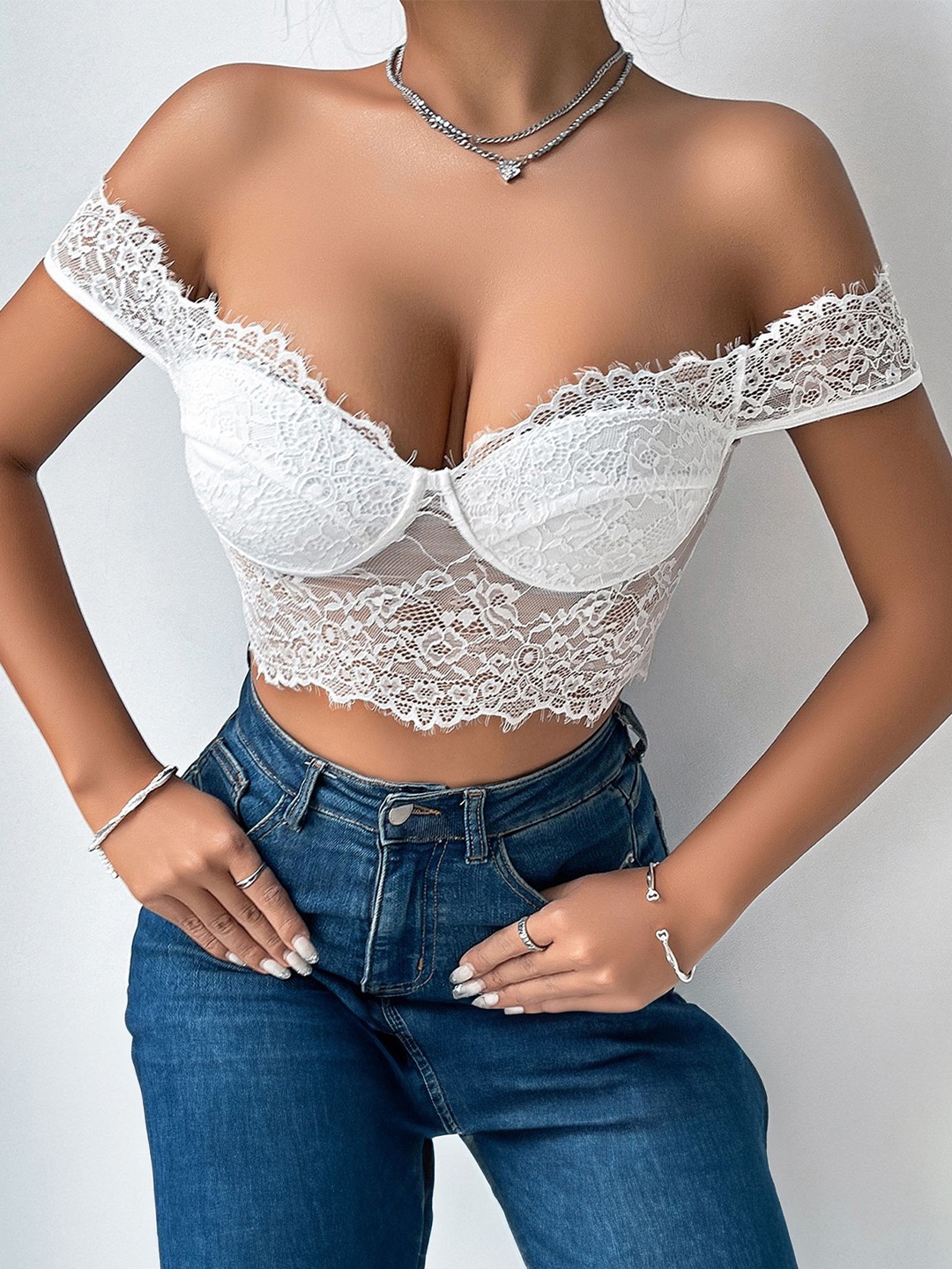 

LULU & SKY Women Off-Shoulder Self Design Printed Tube Crop Top, White