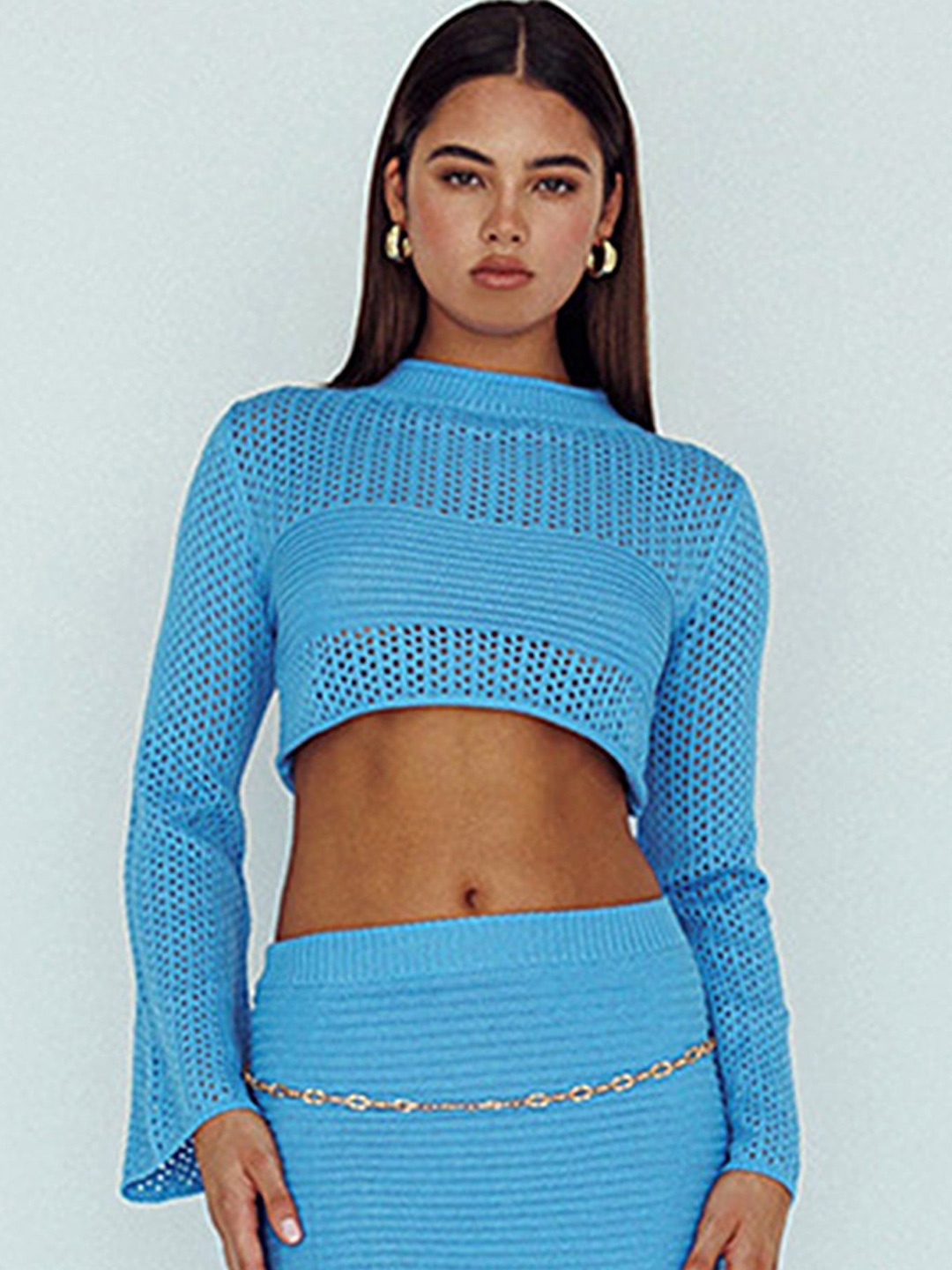 

LULU & SKY Women Long Sleeves Crop Self Design Top, Blue
