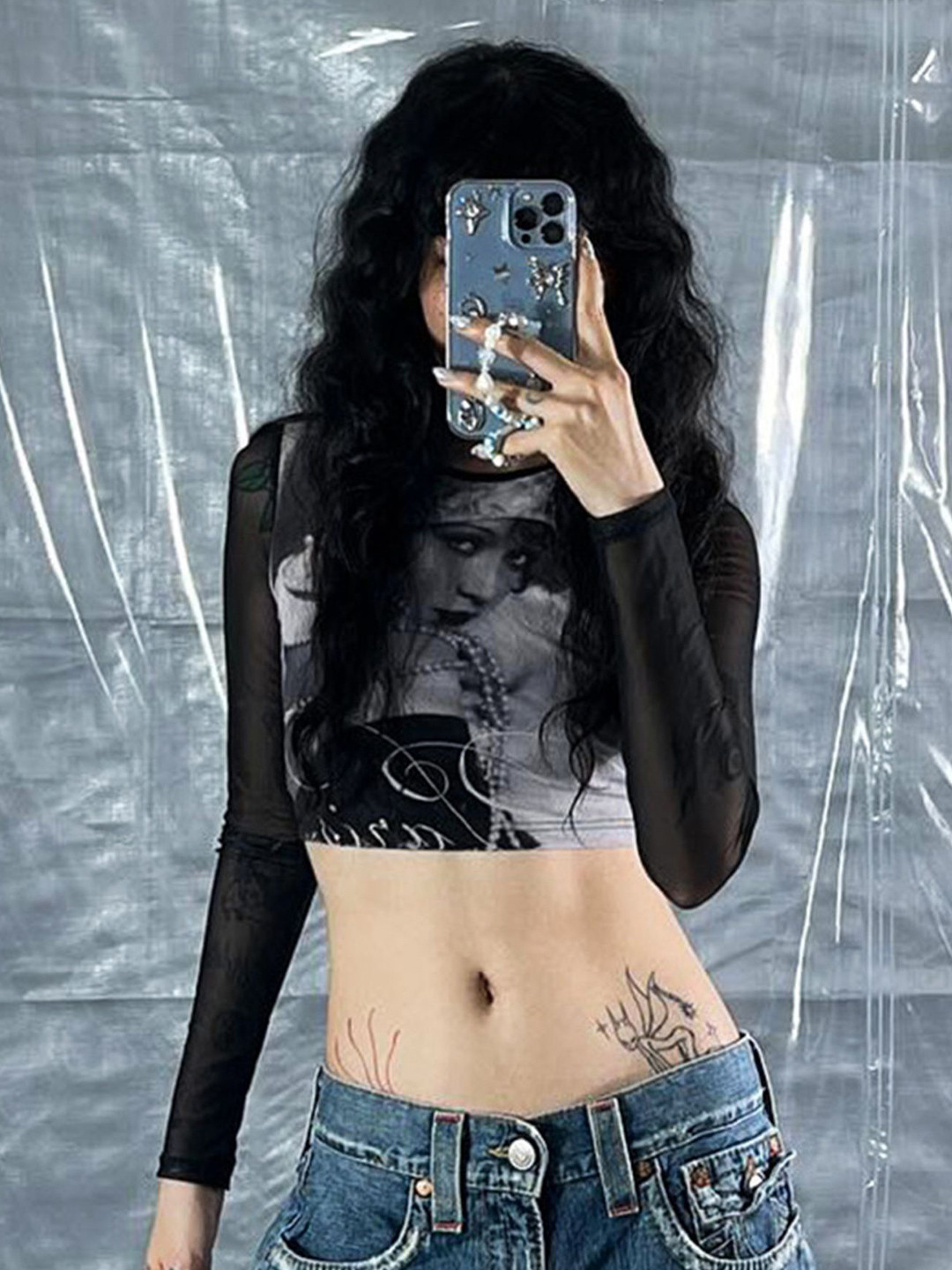 

LULU & SKY Print Women Sheer Sleeved Crop Top, Black