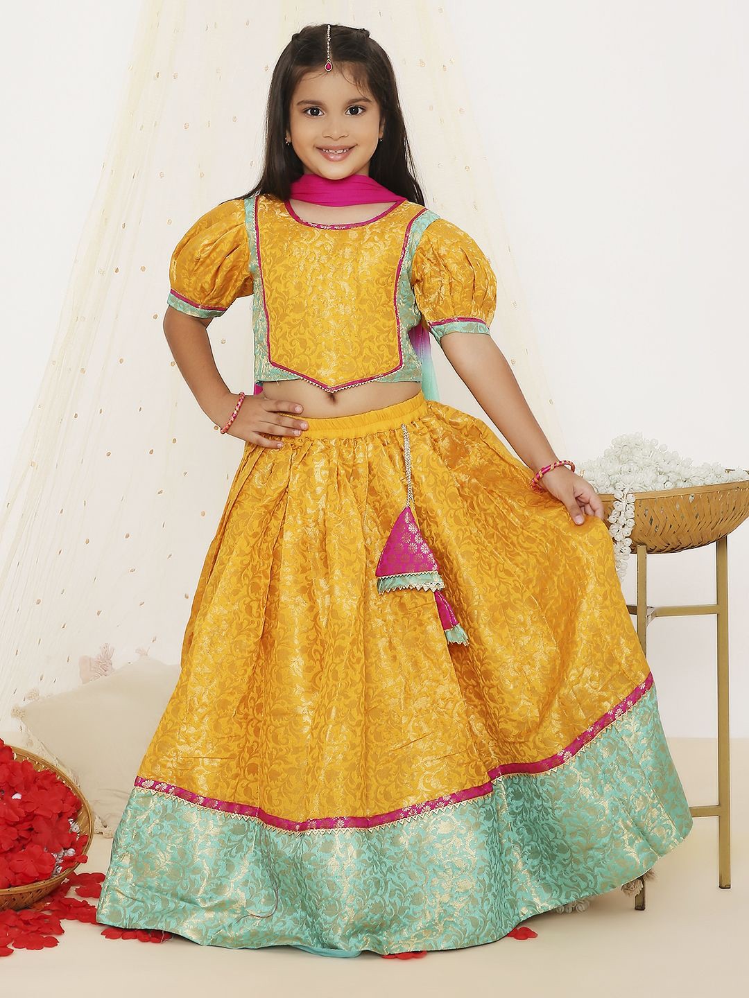 

KID1 Girls Woven Design Puffed Sleeves Silk Ready to Wear Lehenga & Blouse With Dupatta, Yellow