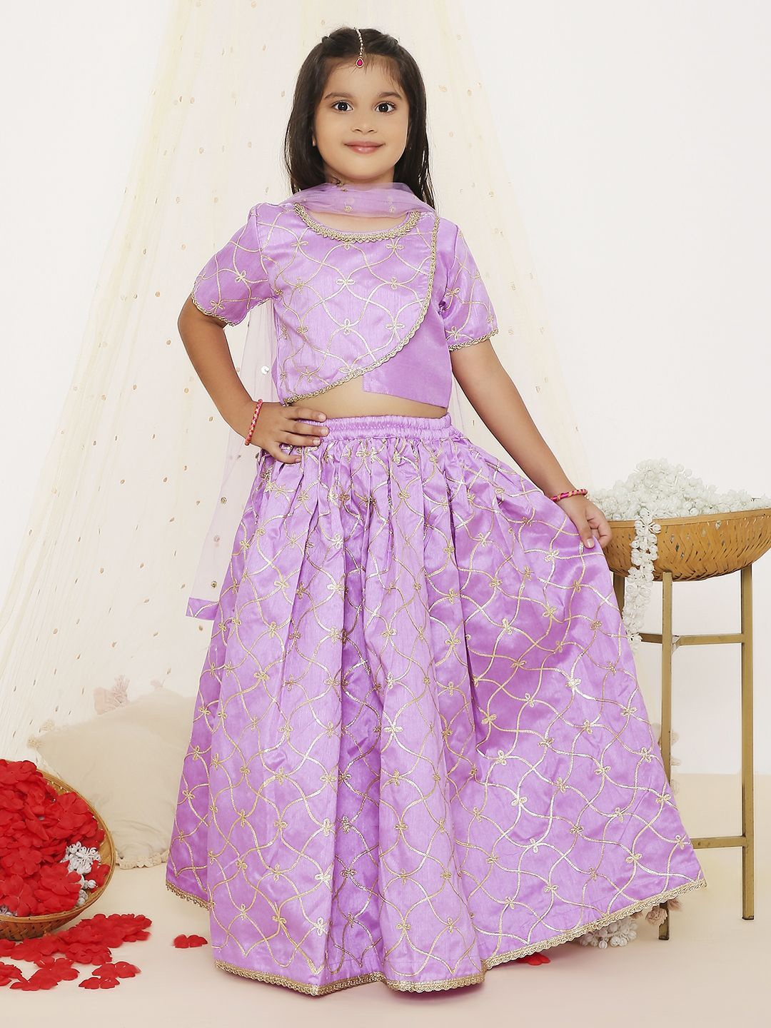 

KID1 Girls Embroidered Gotta Patti Ready to Wear Lehenga & Blouse With Dupatta, Purple