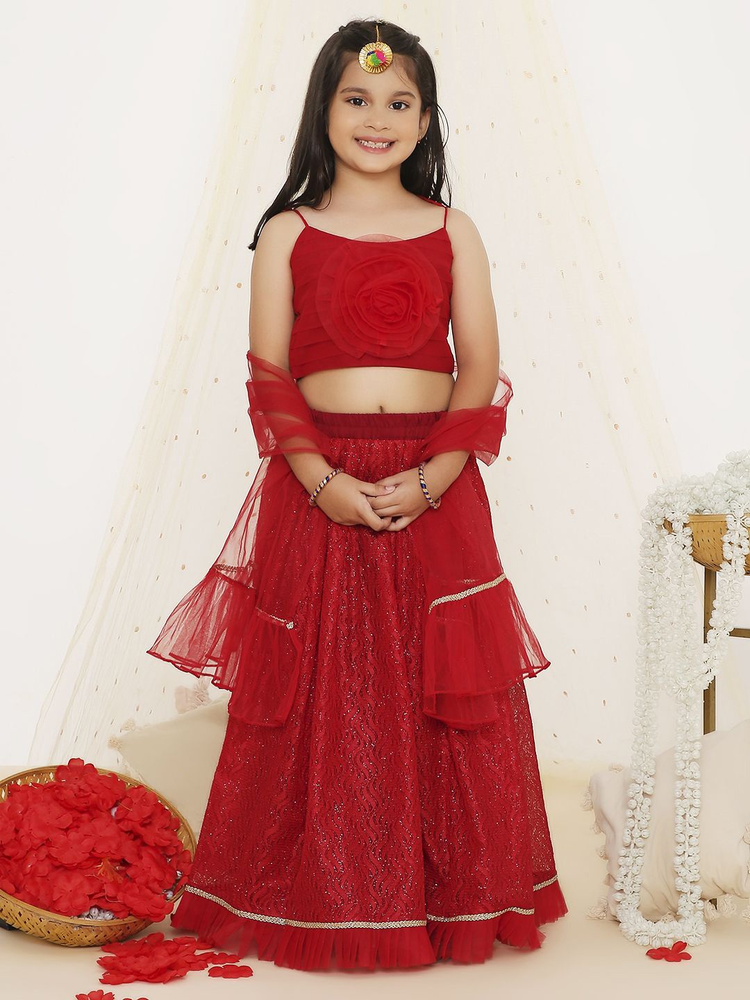 

KID1 Anya Girls Embellished Net Ready to Wear Lehenga & Blouse With Dupatta, Red