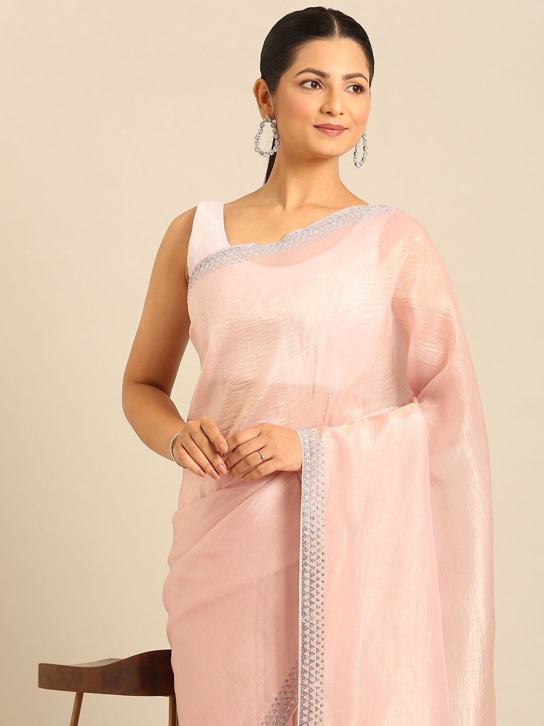 

MOHEY Beads & Stones Organza Saree, Pink