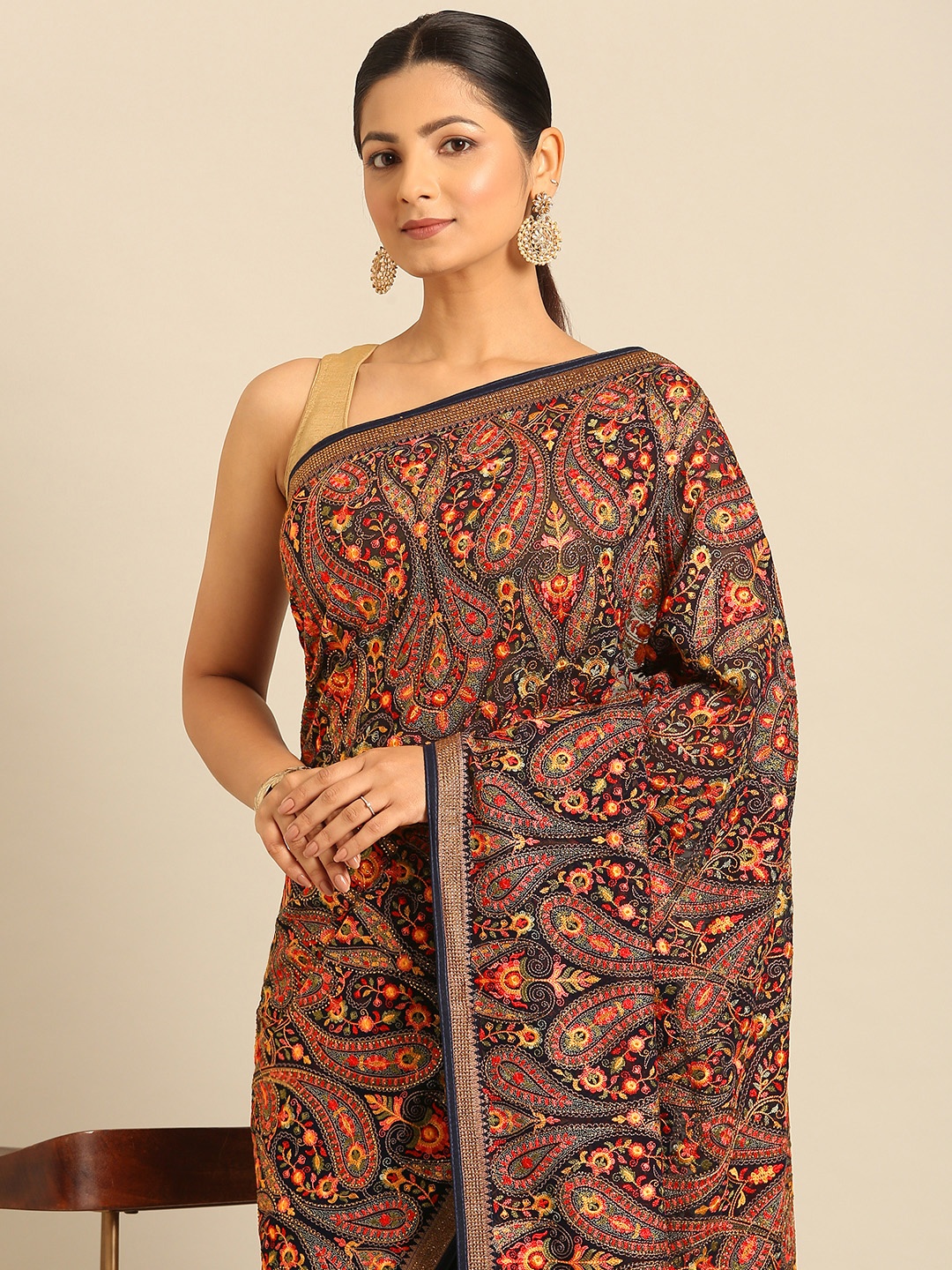 

MOHEY Paisley Embroidered Beads & Stones Poly Georgette Saree, Blue