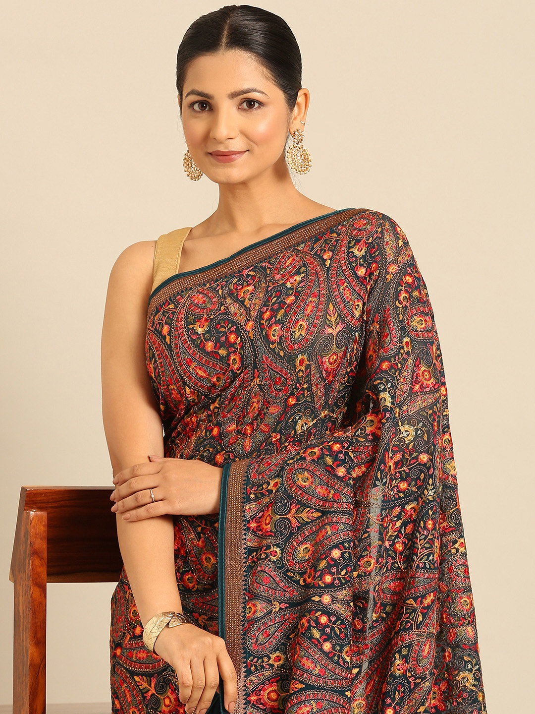 MOHEY Paisley Embroidered Beads & Stones Saree, Blue