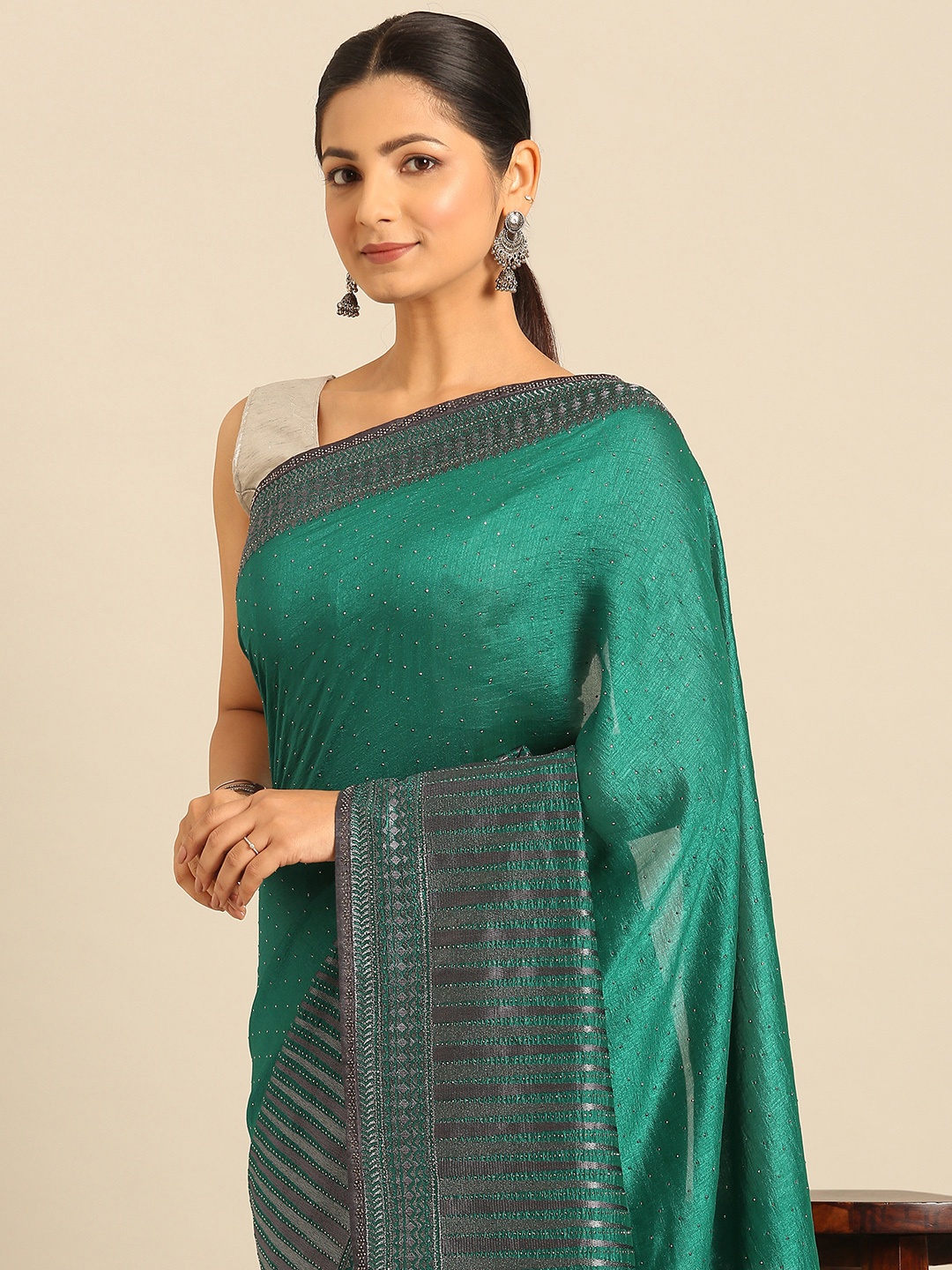 

MOHEY Embellished Beads & Stones Saree, Teal