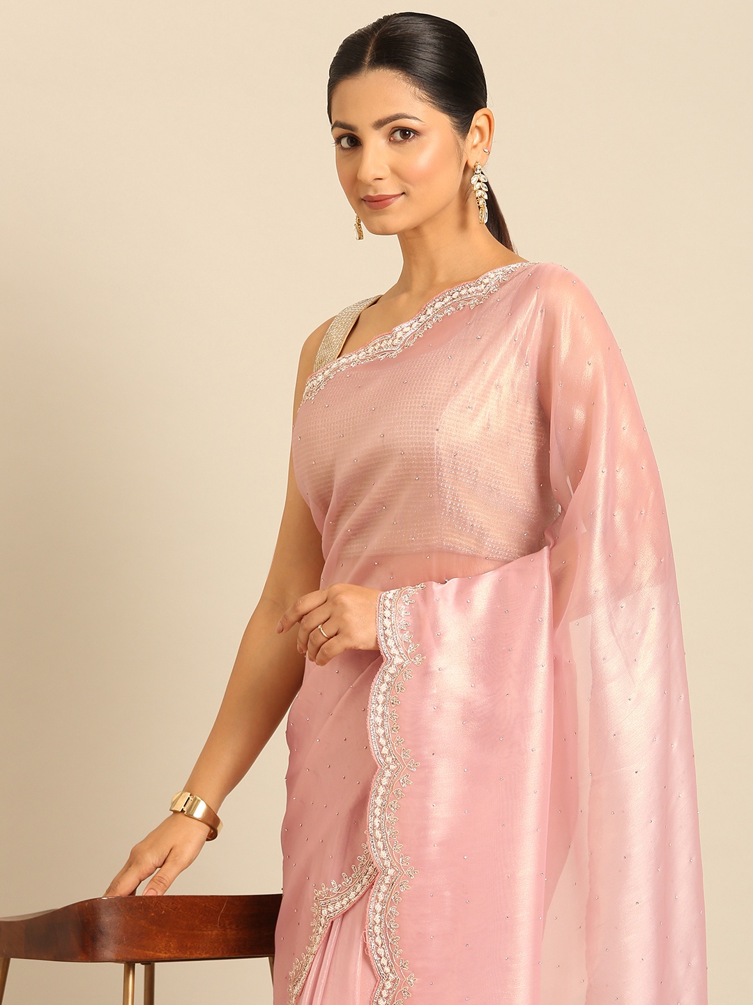 

MOHEY Embellished Beads & Stones Organza Saree, Pink