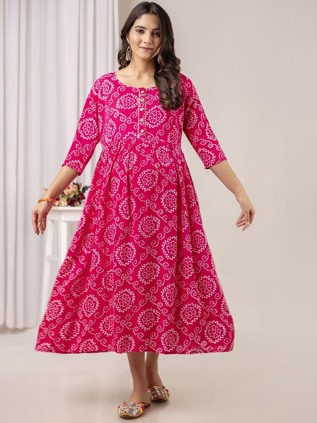 

Henal Printed Maternity Fit and Flare Ethnic Dress, Pink