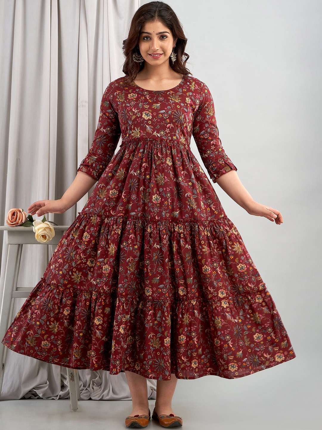 

Henal Floral Printed Tiered Cotton Fit and Flare Midi Maternity Dress, Maroon
