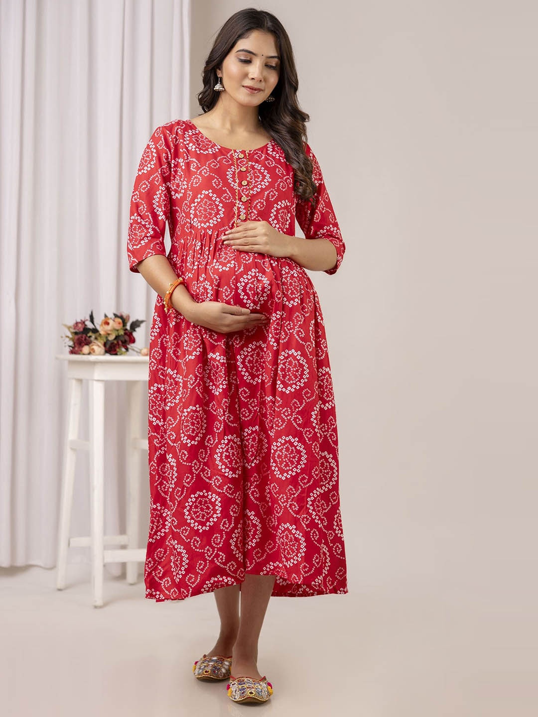 

Henal Bandhani Printed Maternity Cotton Ethnic Dress, Red