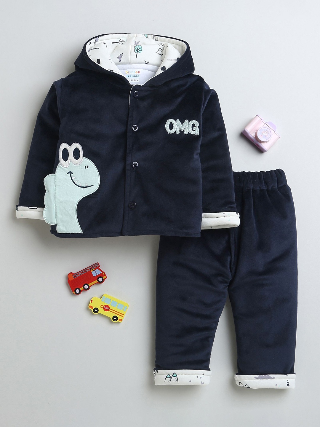 

BUMZEE Infant Boys Printed Hooded Long Sleeves Sweatshirt With Joggers, Navy blue