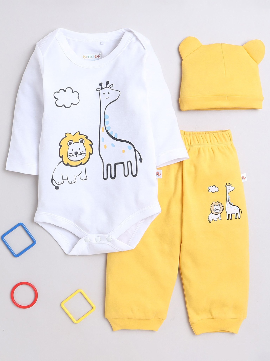 

BUMZEE Infant Boys Printed Long Sleeves Pure Cotton Bodysuit With Joggers & Cap, White