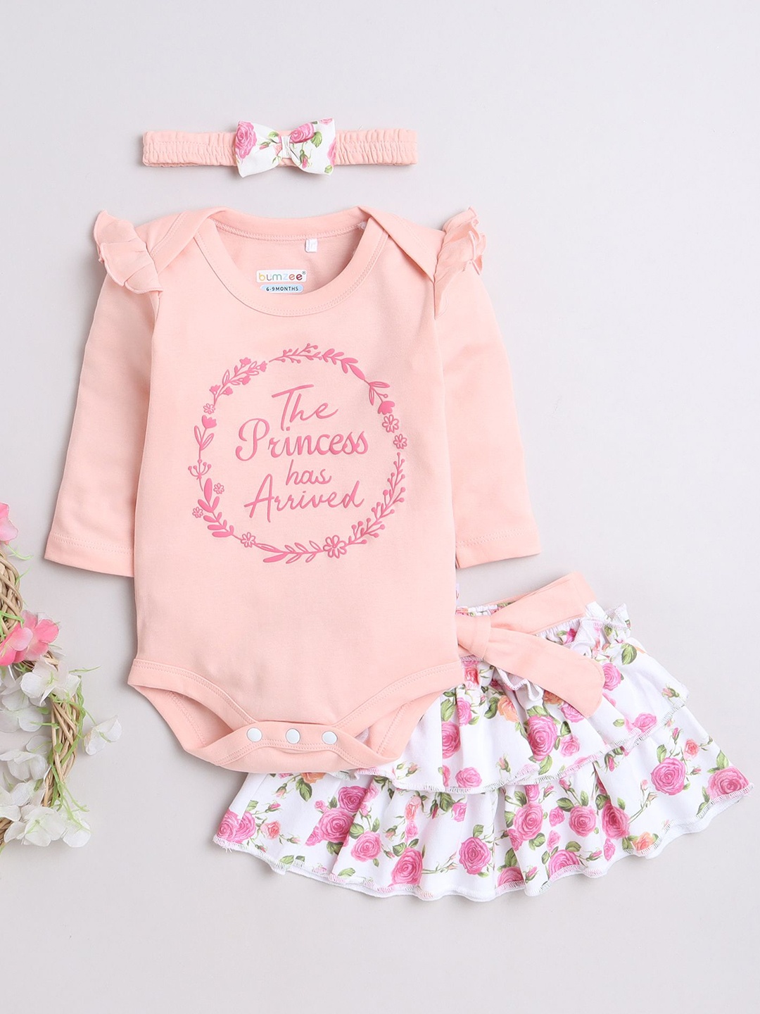 

BUMZEE Infants Girls Printed Pure Cotton Bodysuit With Skirt & Headband, Peach