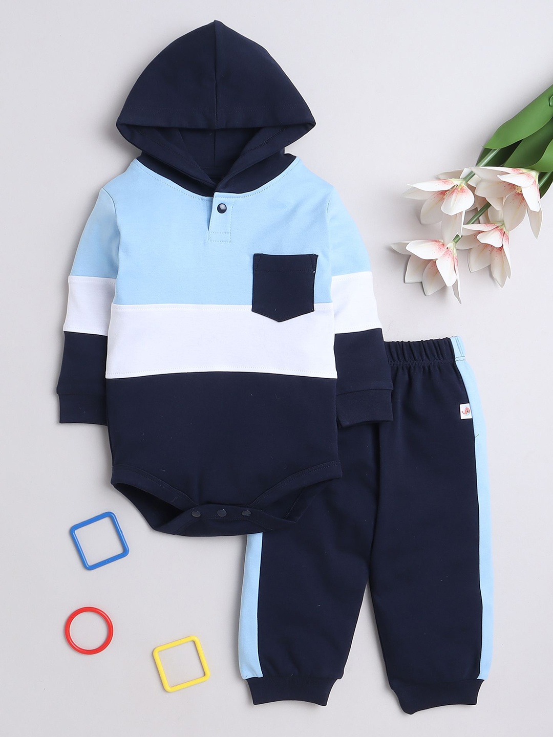 

BUMZEE Infants Boys Colourblocked Hooded Pure Cotton Bodysuit & Joggers, Navy blue