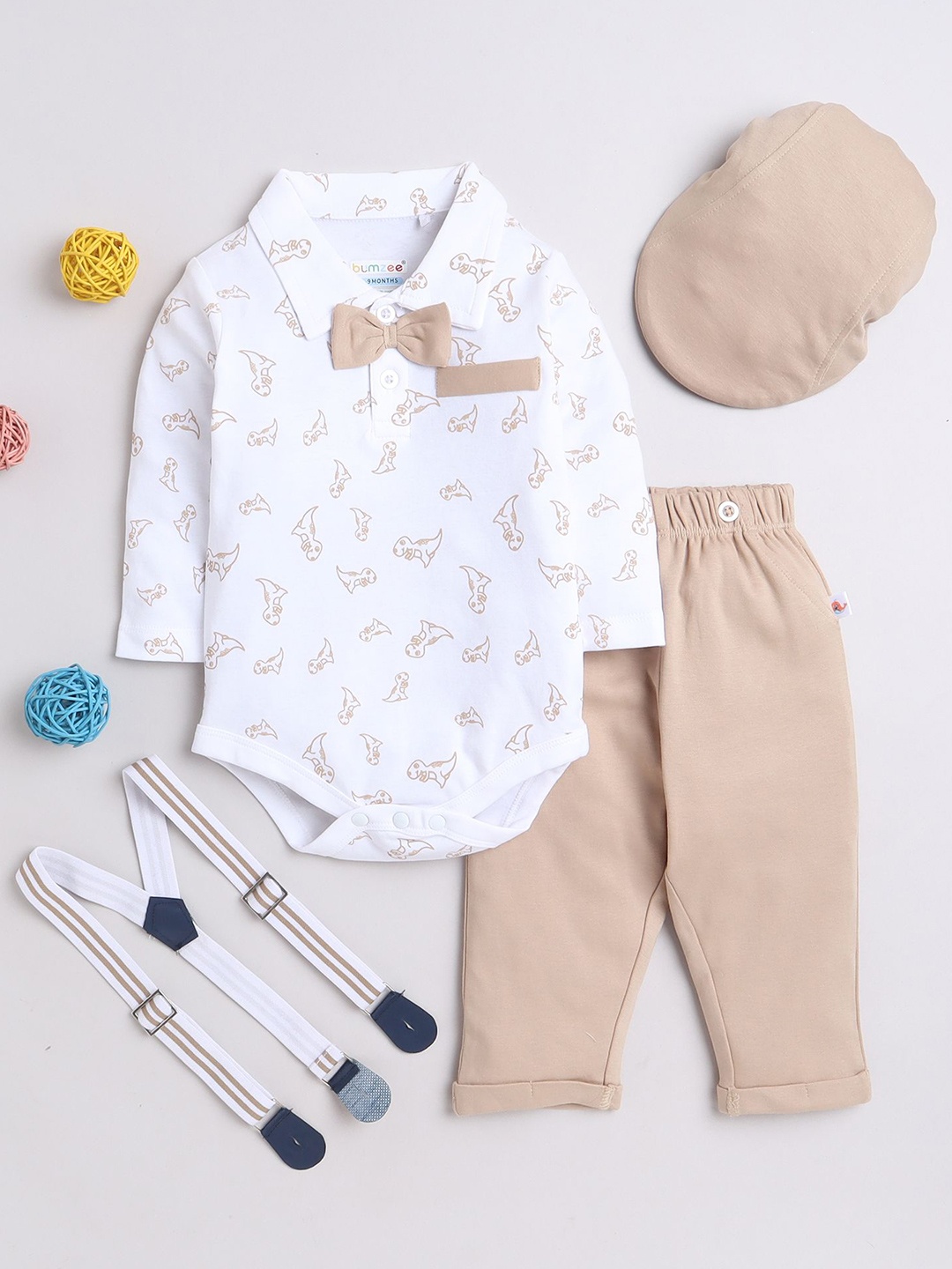 

BUMZEE Boys Printed Pure Cotton Leotard with Trousers & Suspenders, White