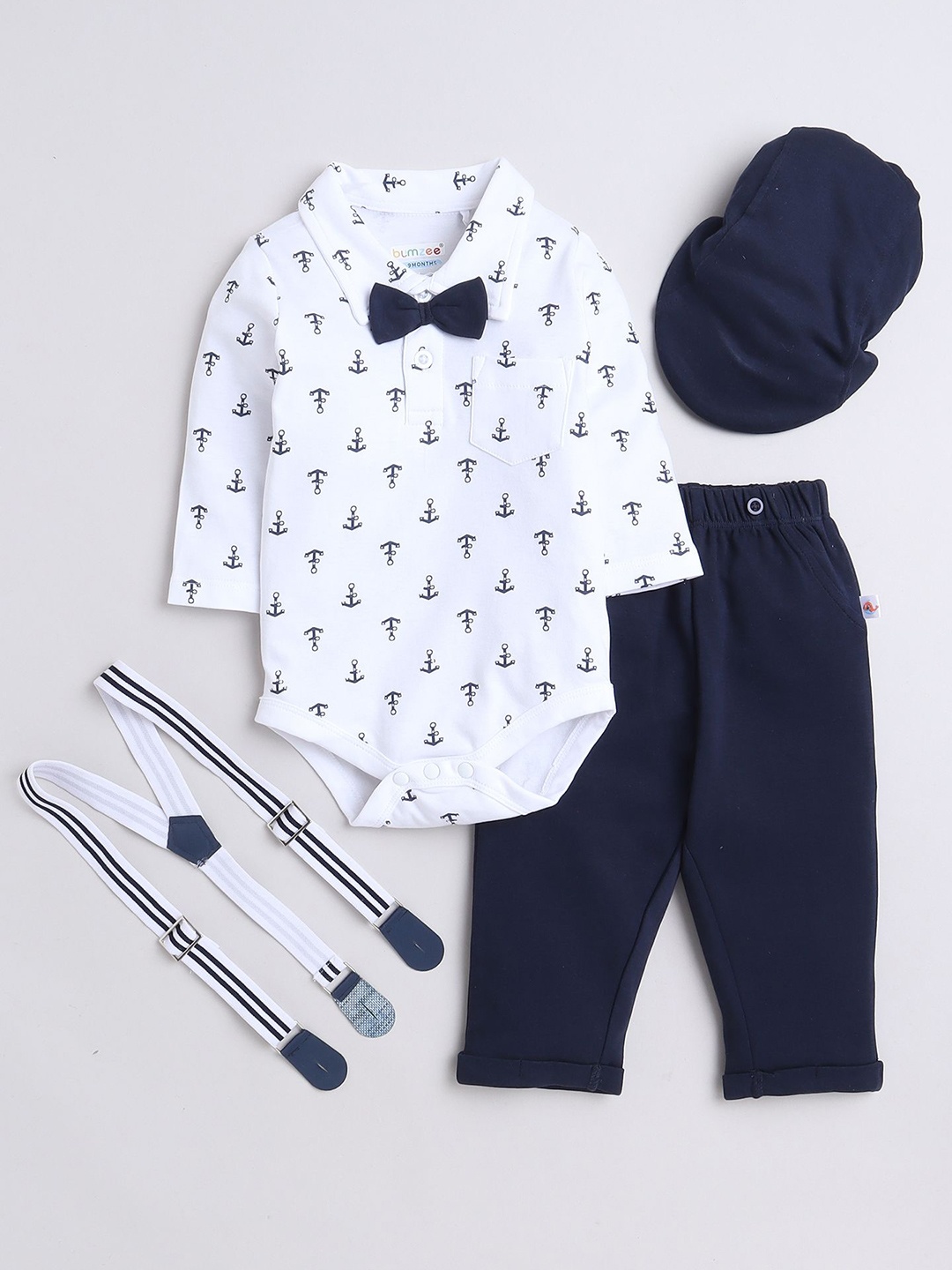 

BUMZEE Infants Boys Printed Pure Cotton Bodysuit With Trousers & Suspenders, Navy blue