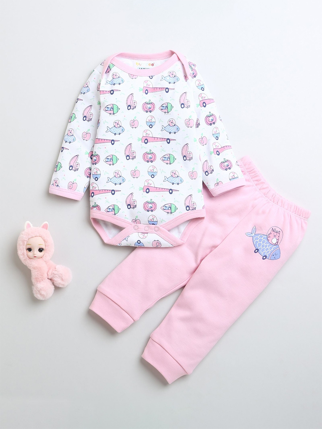 

BUMZEE Infants Girls Printed Pure Cotton Bodysuit & Pyjama, Pink