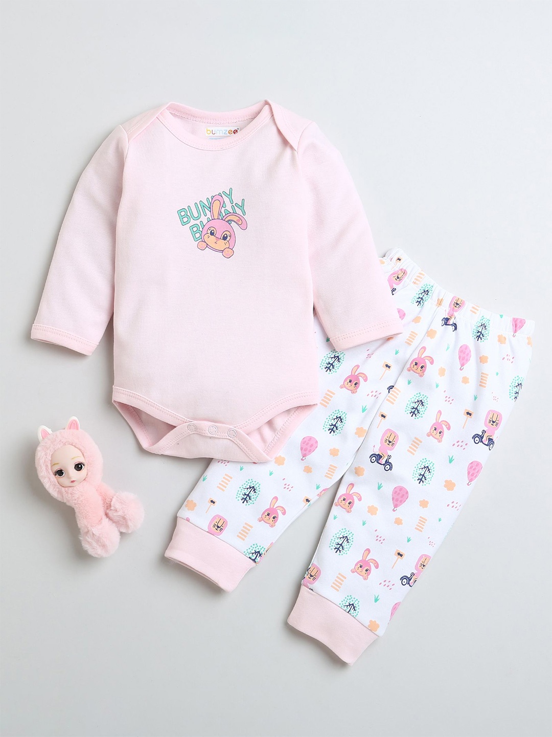 

BUMZEE Girls Printed Pure Cotton Leotard with Trousers, Pink