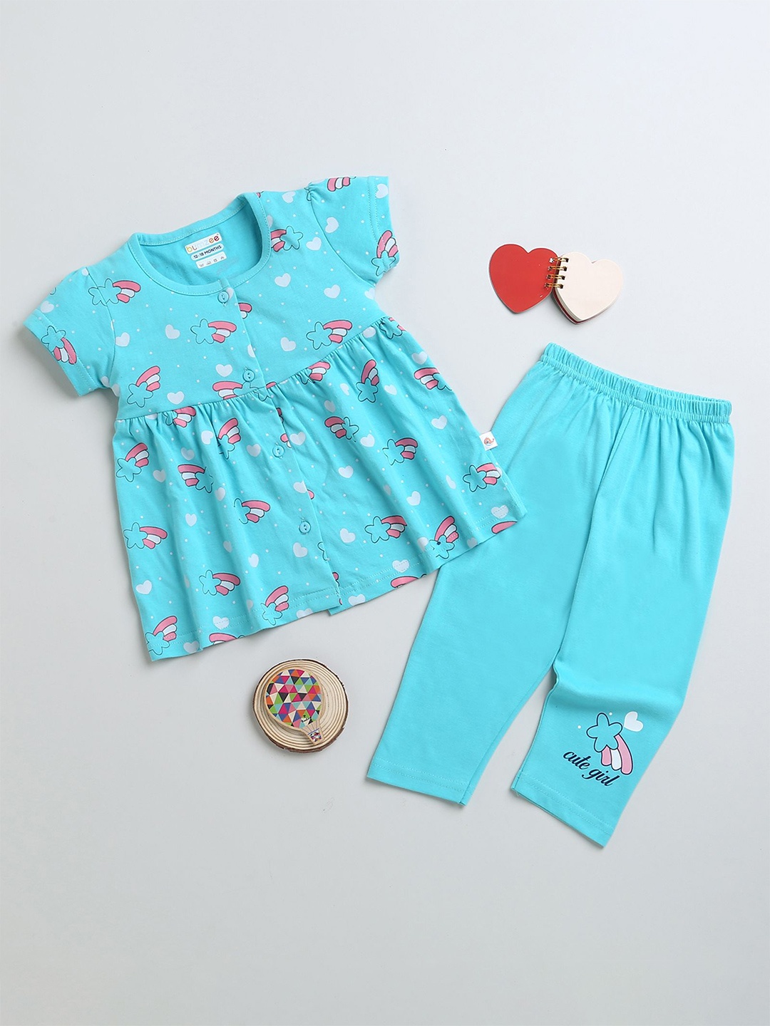 

BUMZEE Infants Girls Printed Cotton Top with Leggings, Turquoise blue