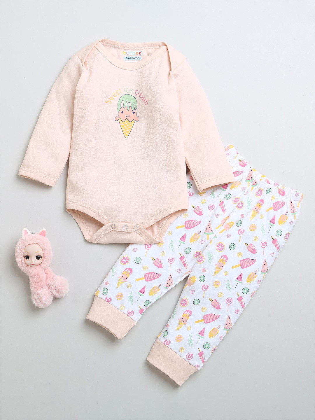 

BUMZEE Infants Girls Printed Pure Cotton Bodysuit & Pyjama, White