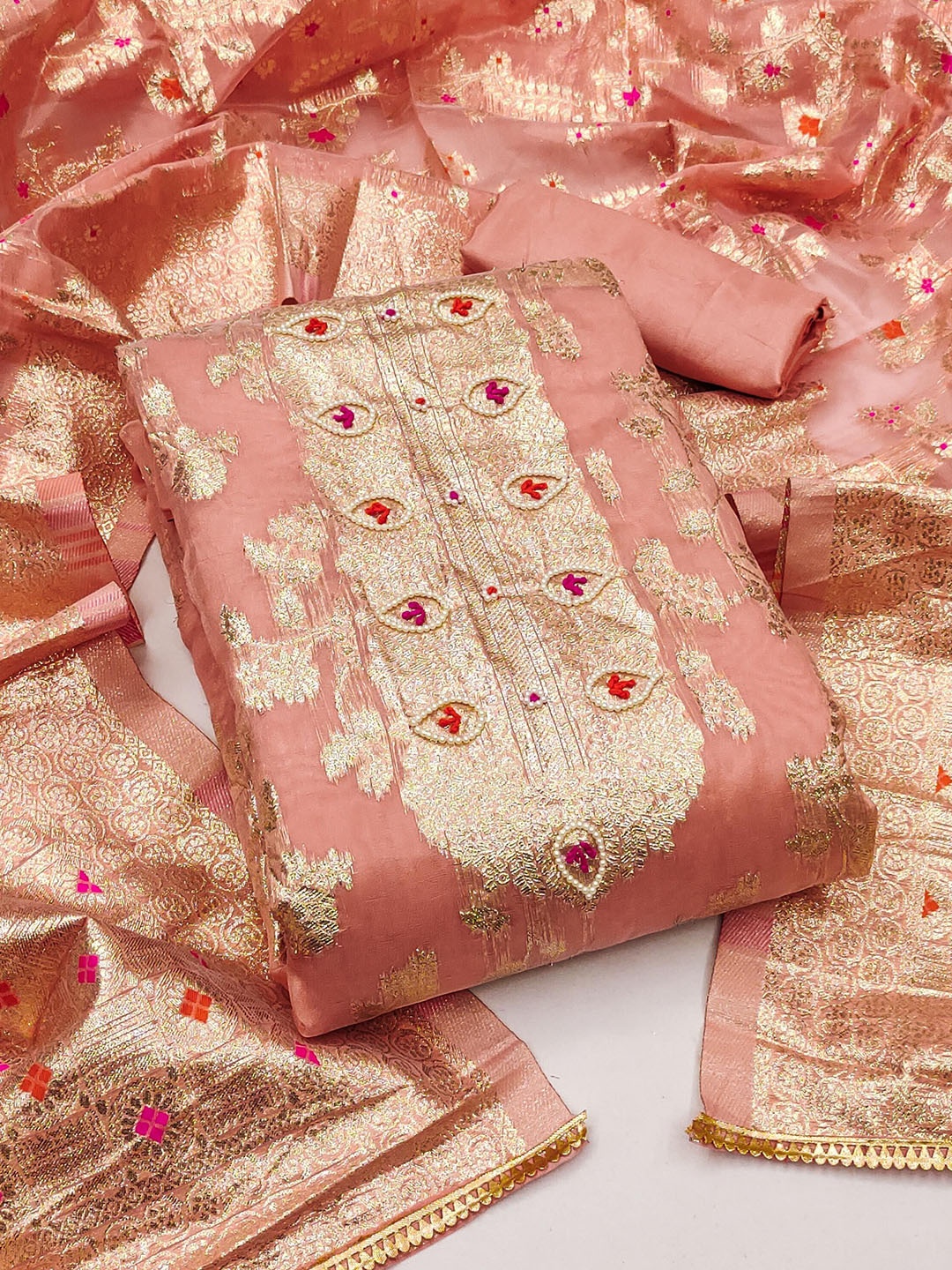 

MAHALASA Ethnic Motifs Woven Design Beads & Stones Unstitched Dress Material, Peach