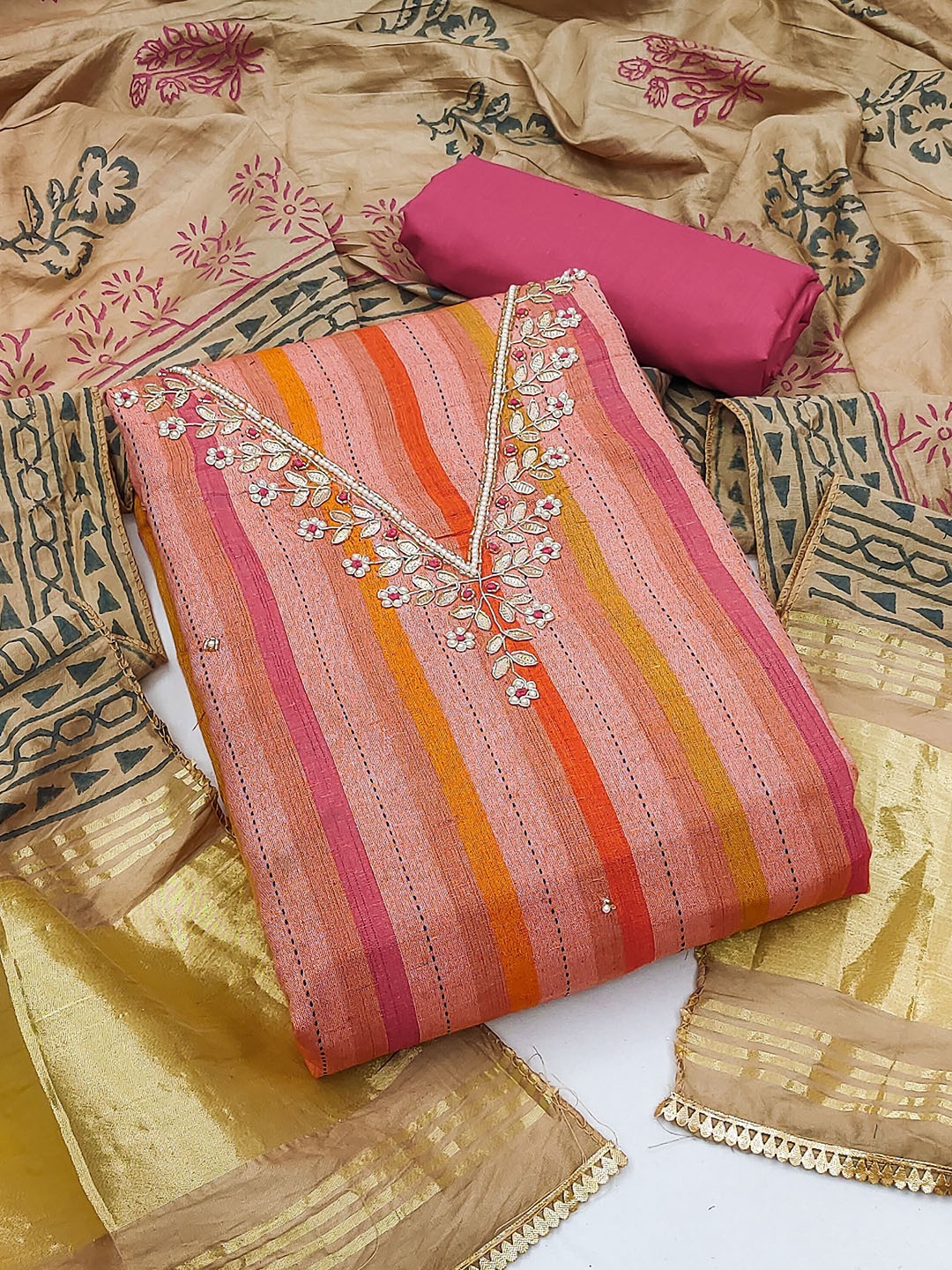 

MAHALASA Striped Beads & Stones Unstitched Dress Material, Red