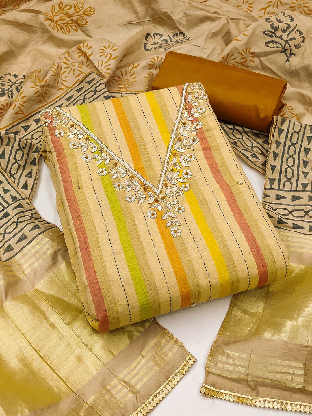 

MAHALASA Floral Embroidered Beads and Stones Unstitched Dress Material, Yellow