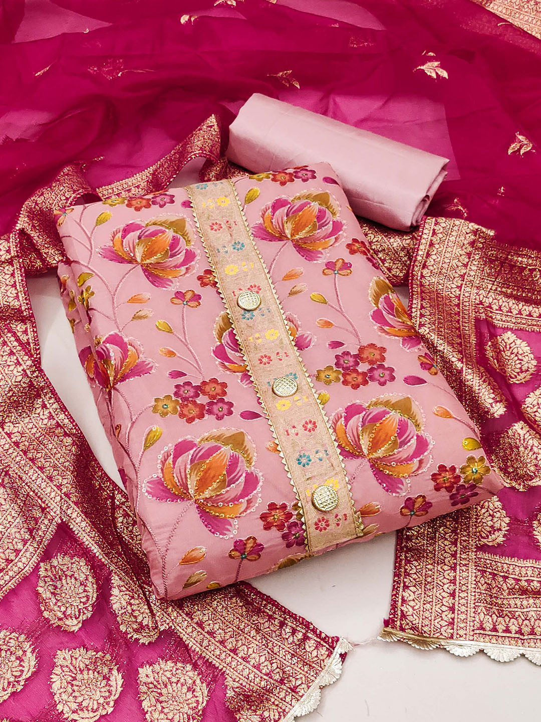 

MAHALASA Floral Printed Sequined Unstitched Dress Material, Pink