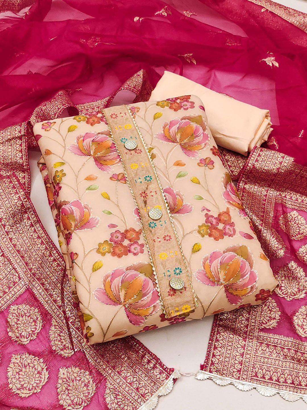 

MAHALASA Floral Embroidered Sequinned Unstitched Dress Material, Peach
