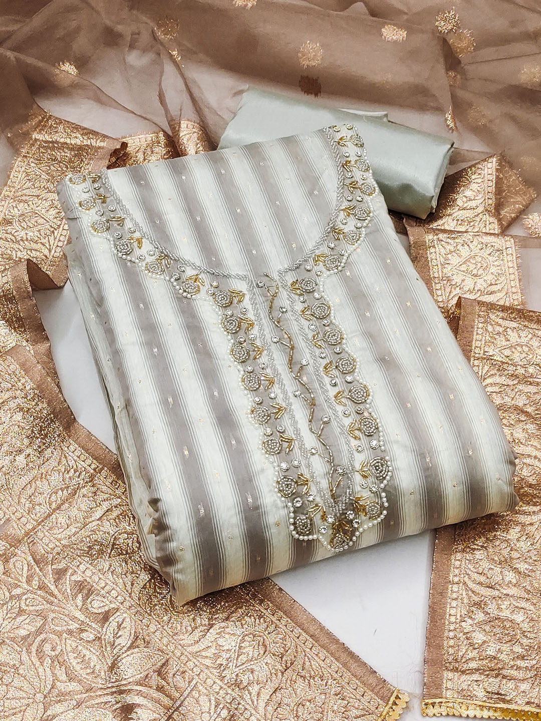 

MAHALASA Floral Embroidered Beads and Stones Unstitched Dress Material, Grey
