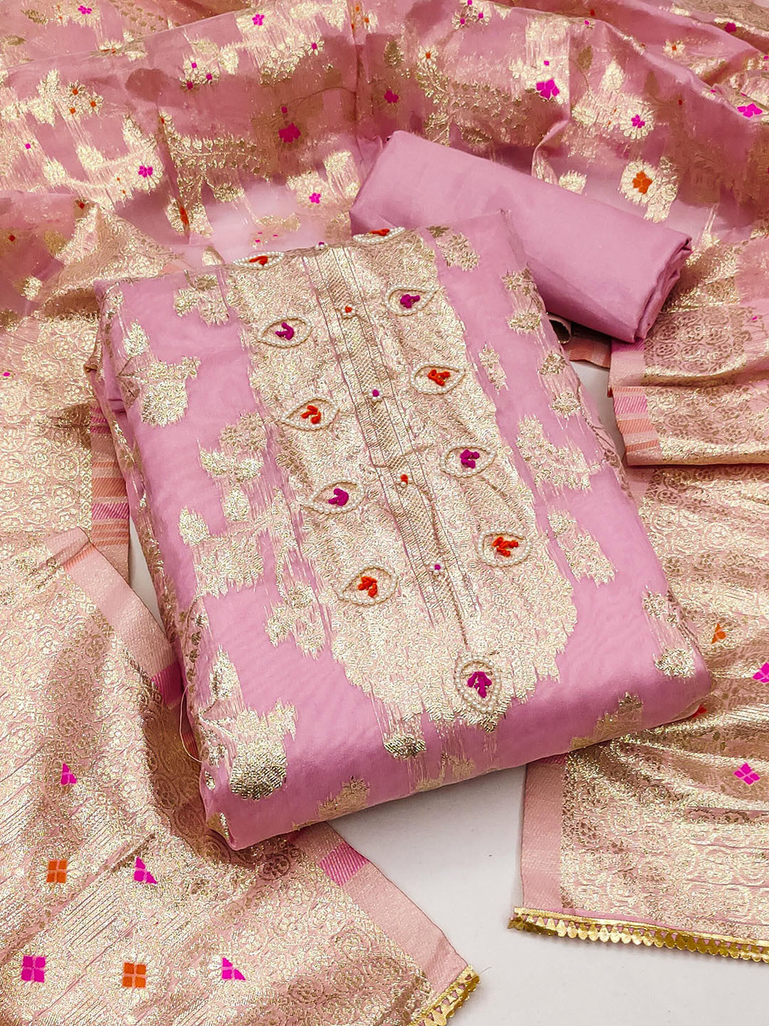 

MAHALASA Floral Woven Design Beads and Stones Unstitched Dress Material, Pink