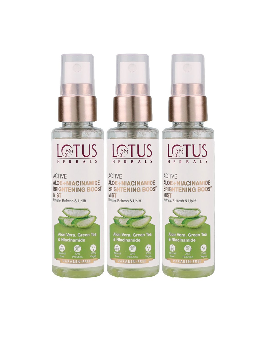 

Lotus Set Of 3 Herbals Active Aloe Niacinamide Brightening Mist-50ml Each, Green