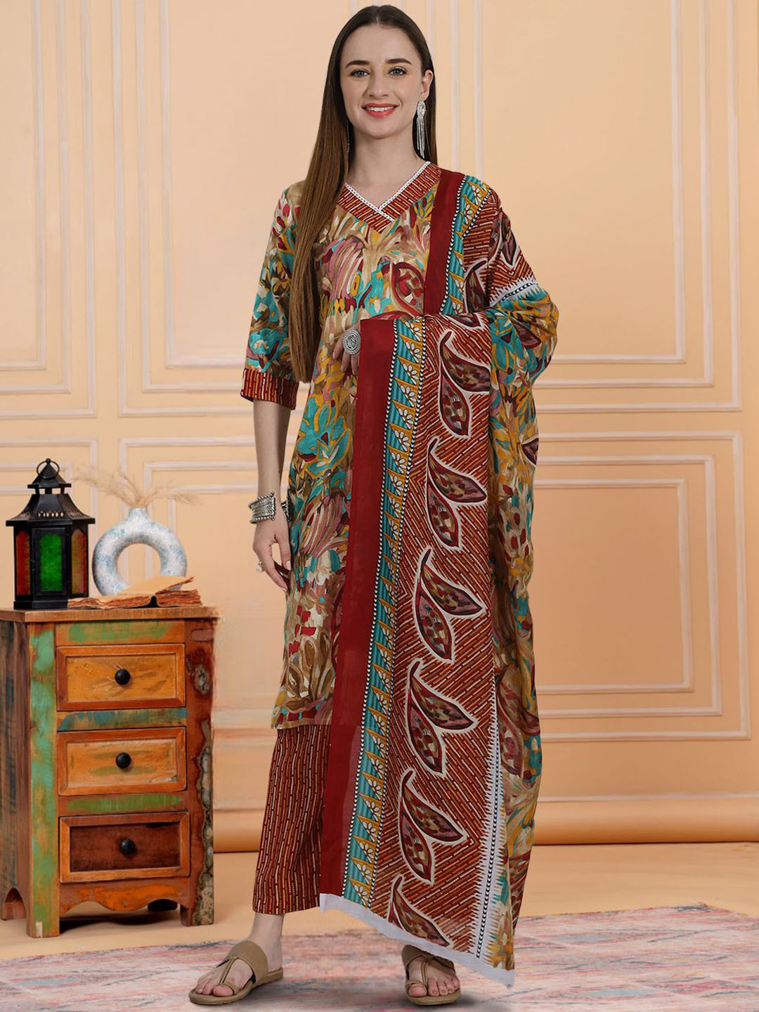 

7Threads Floral Printed Pure Cotton Straight Kurta with Trousers & Dupatta, Mustard