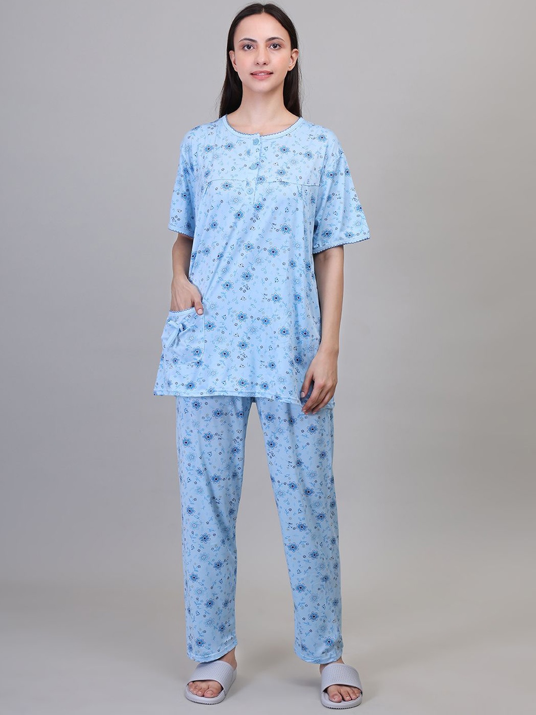 

Camey Women Floral Short Sleeves Top and Pyjamas Night suit, Blue