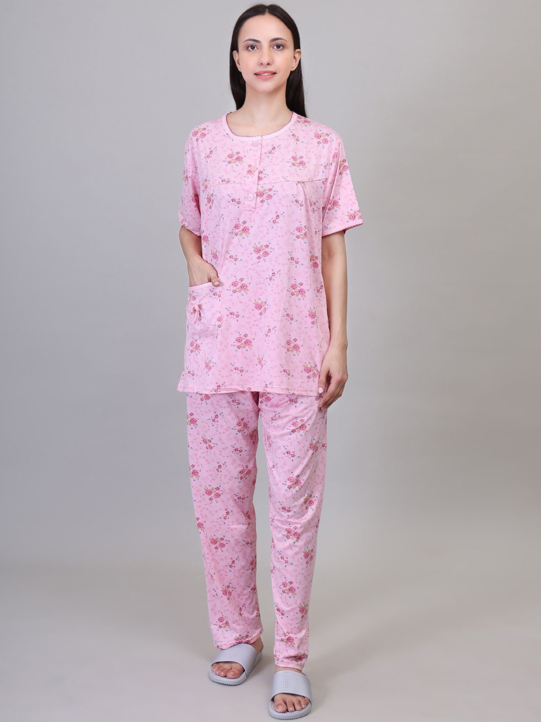 

Camey Women Printed Short Sleeves Round Neck Night suit, Pink