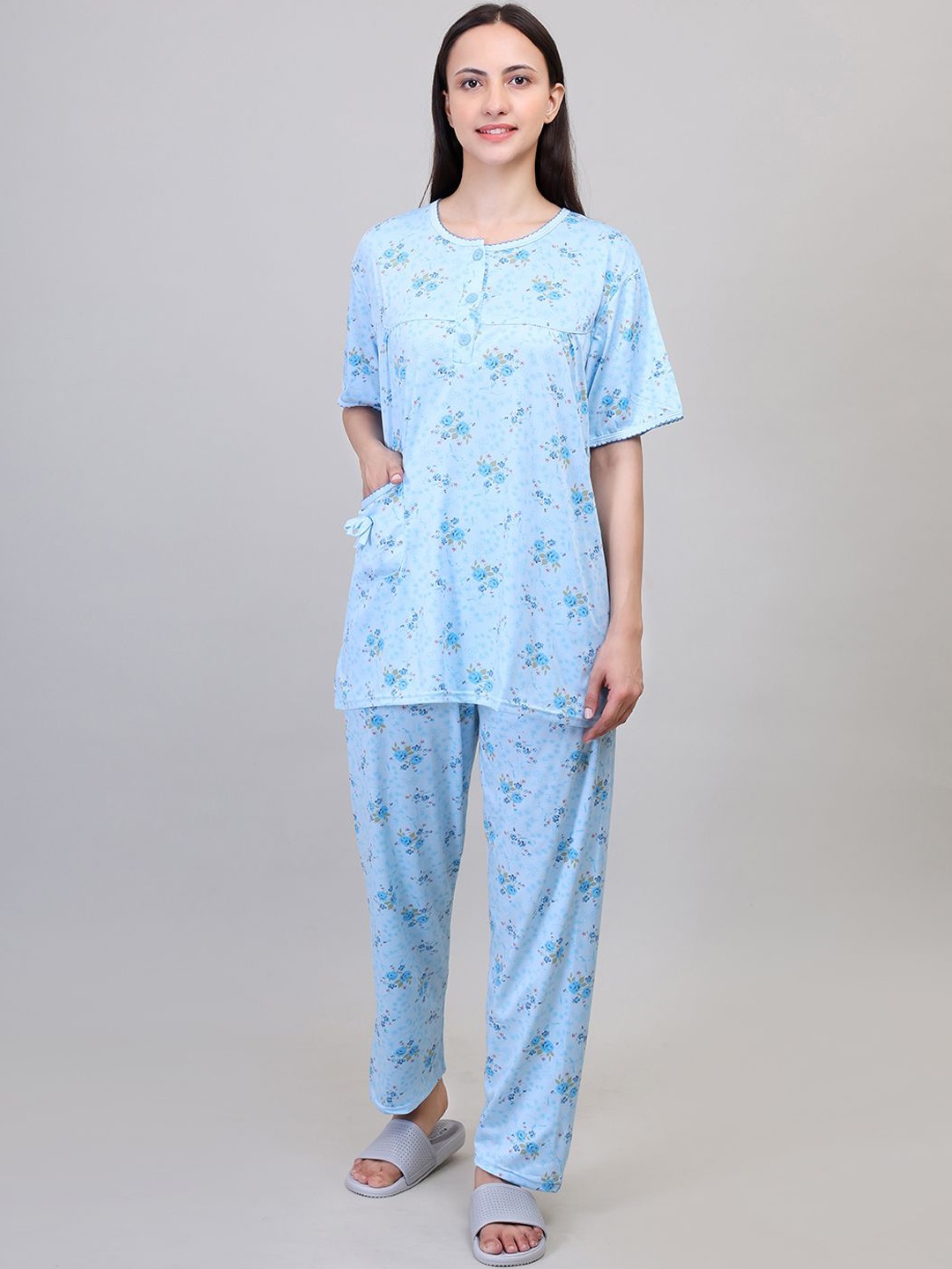 

Camey Women Printed Round Neck Short Sleeves Tops and Pyjamas Night suit, Blue