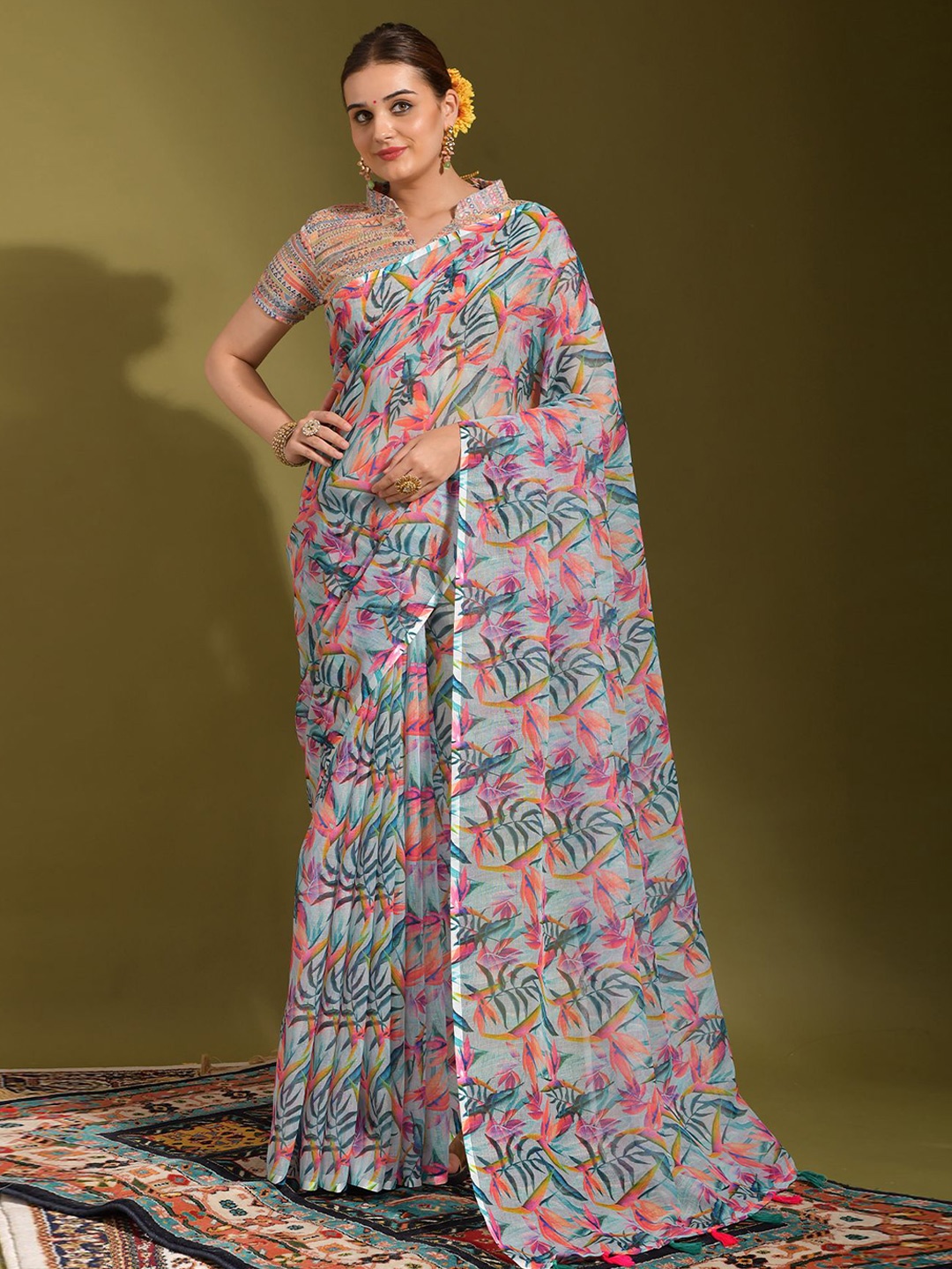 

KALINI Floral Pure Linen Saree, Blue