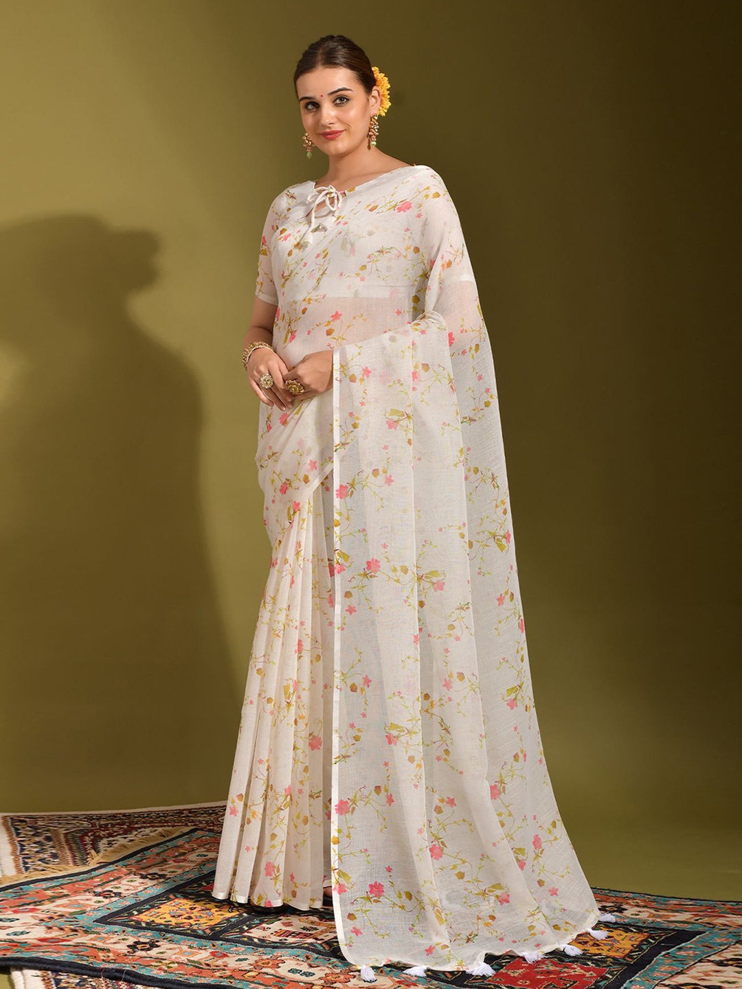 

KALINI Floral Pure Linen Saree, White