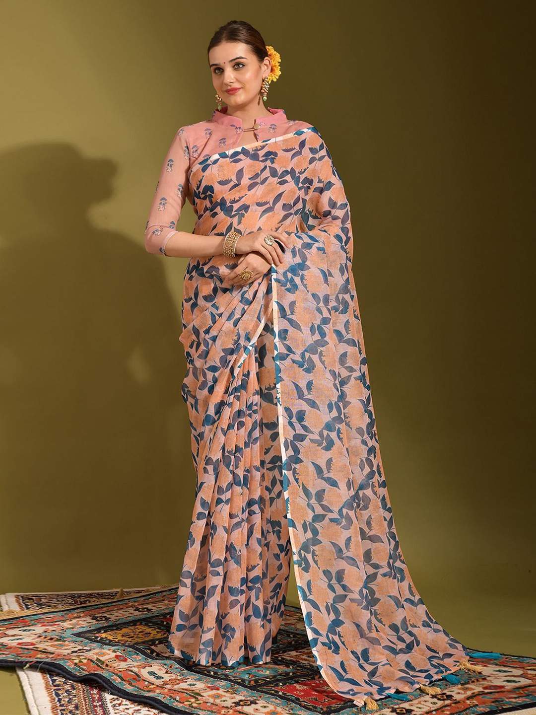 

KALINI Pure LinenEthnic Motifs Daily Saree With Tassels, Peach
