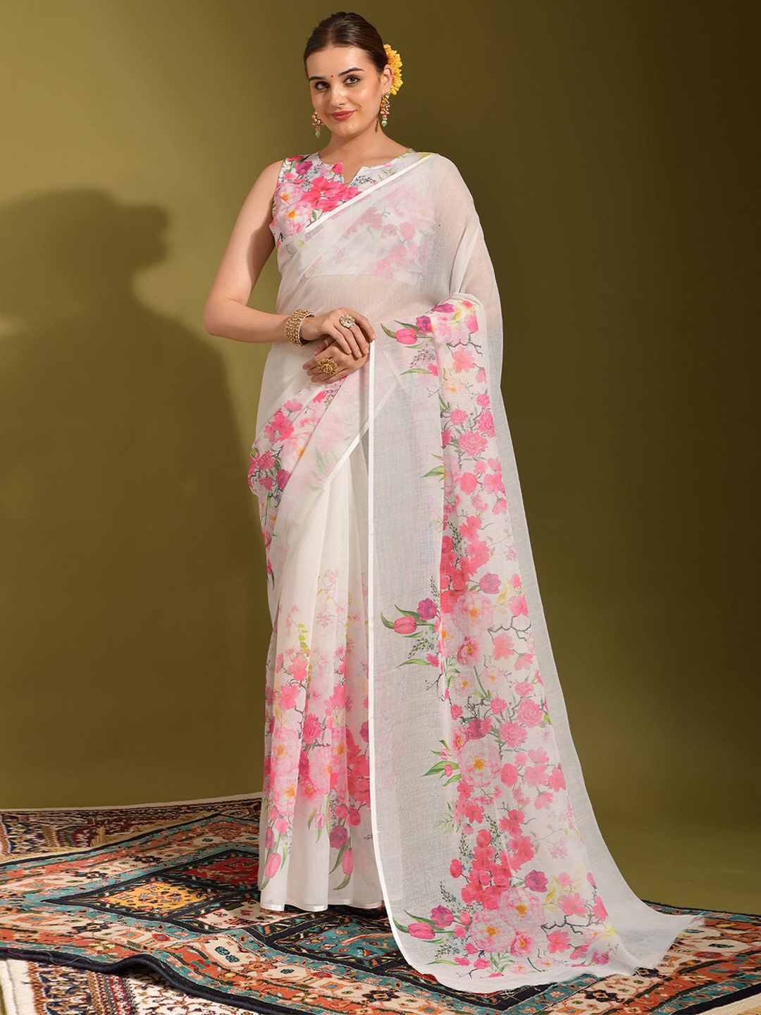 

KALINI Floral Pure Linen Saree, White