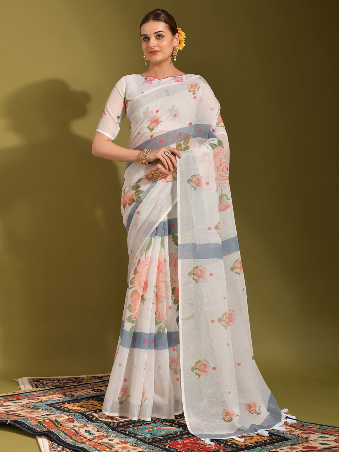 

KALINI Floral Pure Linen Saree, White