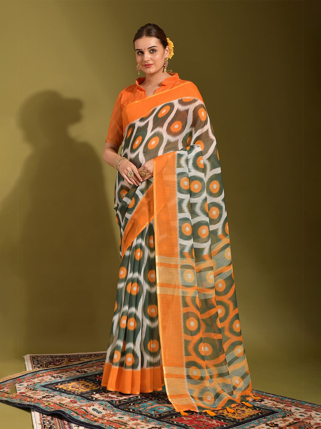

KALINI Printed Pure Linen Saree, Orange