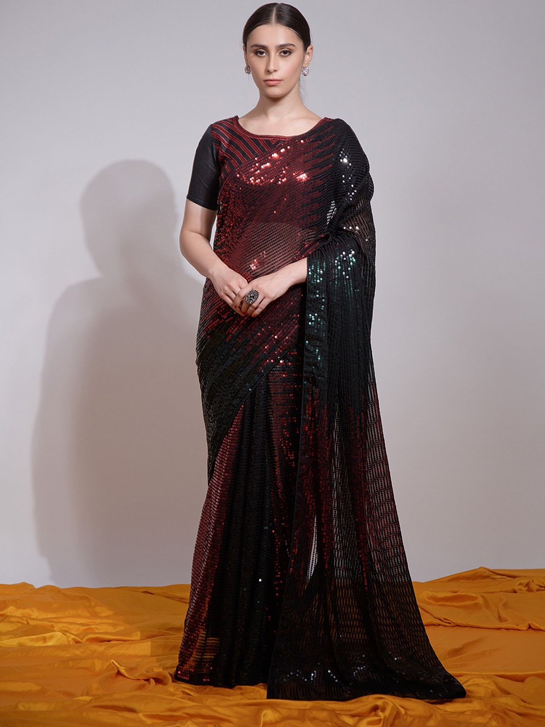 

KALINI Embellished Sequinned Pure Georgette Saree, Red