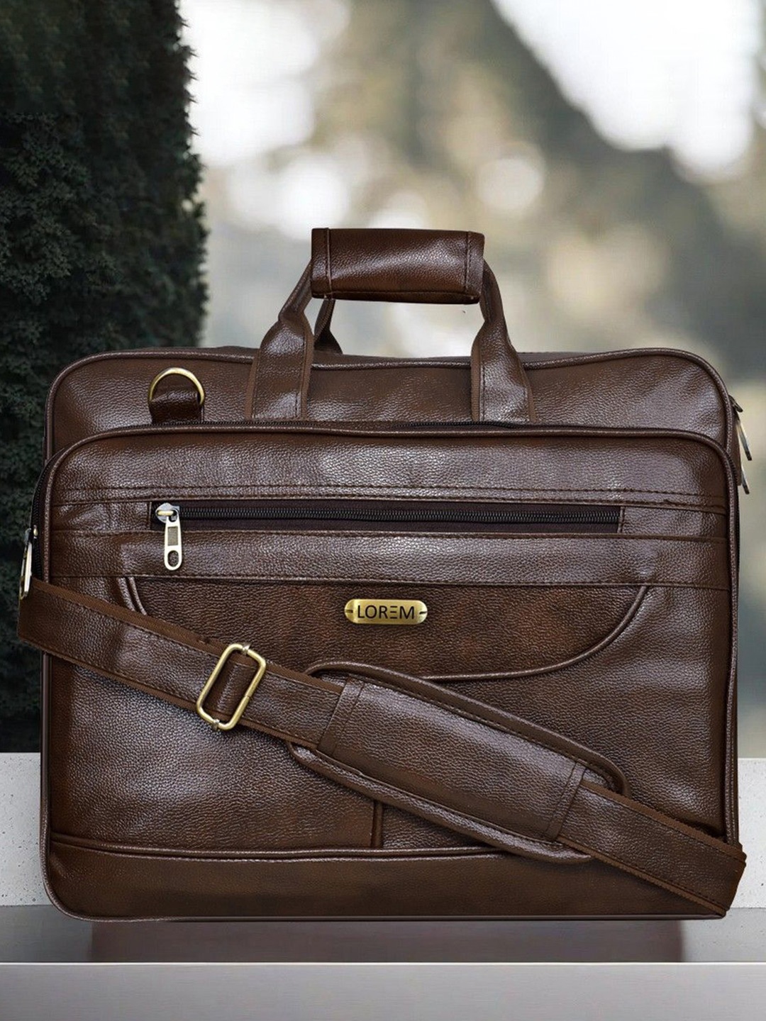 

LOREM Men Textured Leather Laptop Bag, Coffee brown