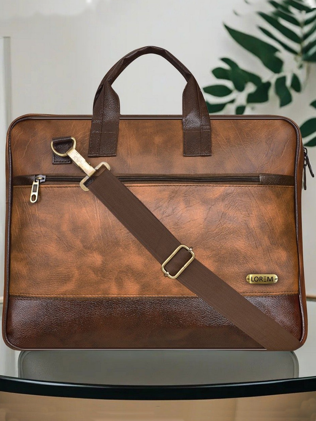 

LOREM Unisex Synthetic Leather Textured Laptop Bag, Tan