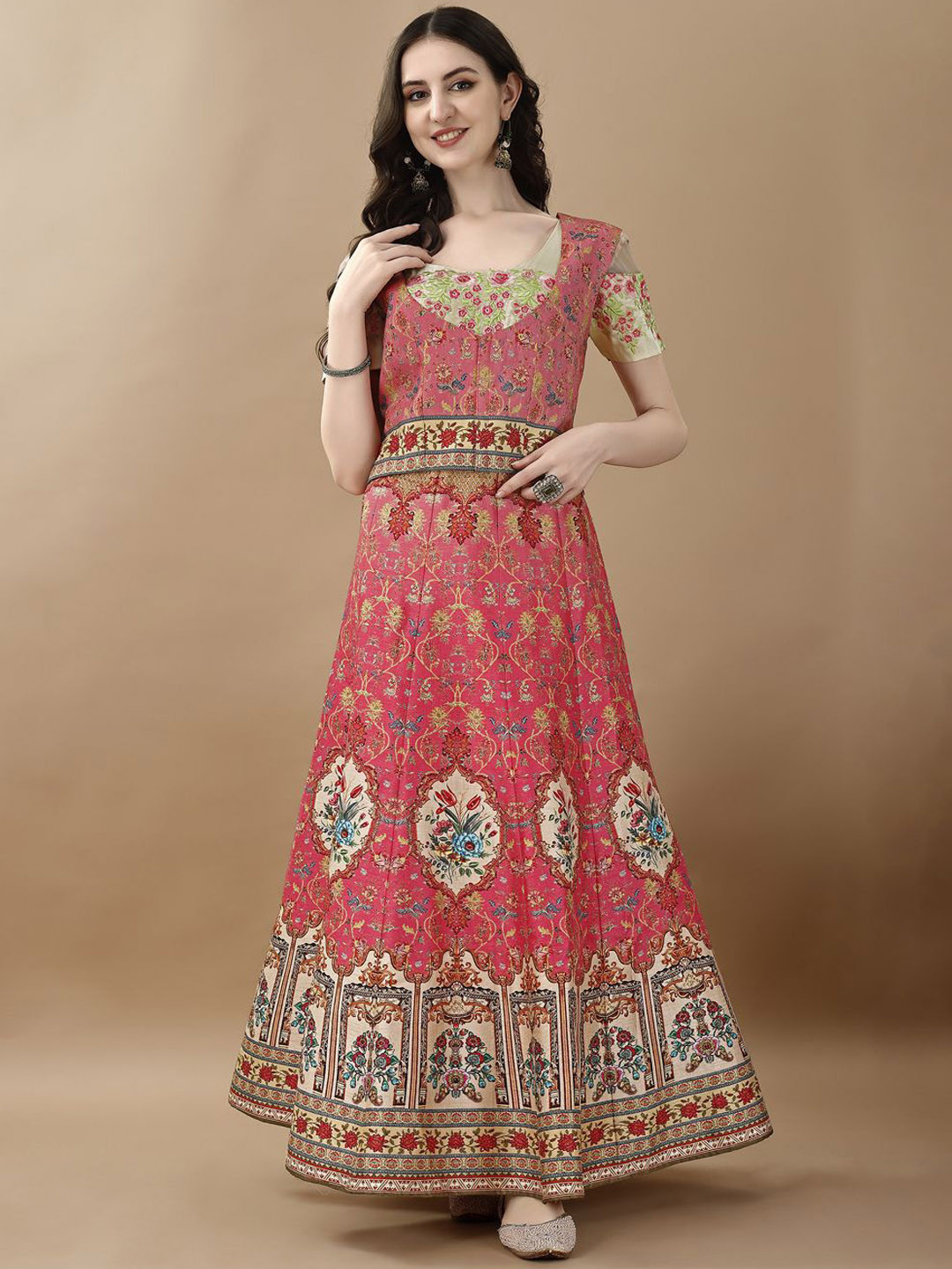 

SAPTRANGI Printed Maxi Gown Ethnic Dress, Red